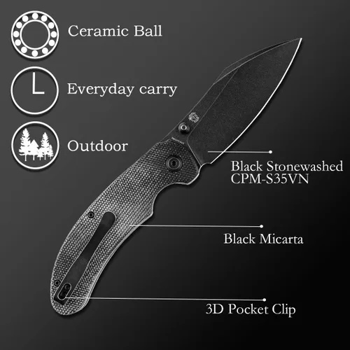 Miniatura 6 de KANSEPT Nesstreet Cuchillo plegable de bolsillo para hombre, EDC y camping, material CPM-S35VN de 3.58 pulgadas, mango de micarta negro, transporte
