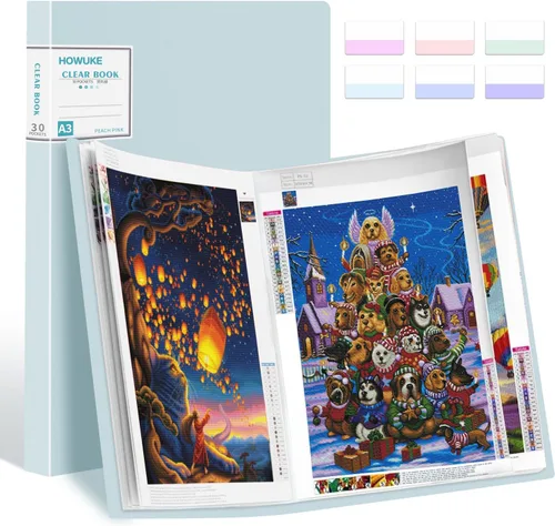 Libro de almacenamiento de pintura de diamantes A3, carpeta de presentaciones de portafolio de arte de 60 vistas con protectores de 30 páginas, 17.3