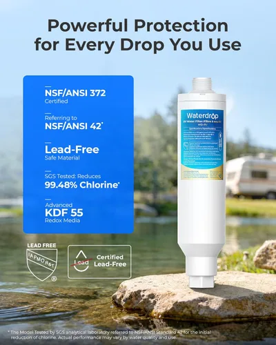 Miniatura 3 de Waterdrop Filtro de agua para autocaravana, certificado NSF, reduce el cloro, el mal sabor, el olor, paquete de 2, protector de manguera flexible