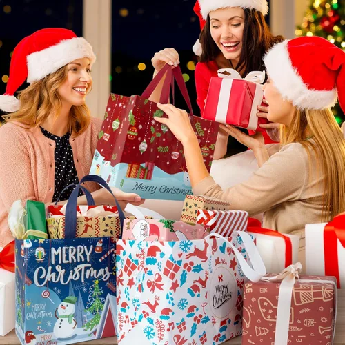Miniatura 2 de Iioscre 8 piezas bolsas grandes de regalo de Navidad con asas, bolsas reutilizables no tejidas para regalos navideños, 12.8 x 9.8 x 6.7 pulgadas
