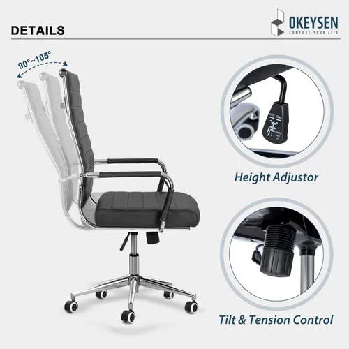 Miniatura 4 de Okeysen Sillas de sala de conferencias negras, silla ergonómica moderna de escritorio de piel sintética acanalada para oficina, silla giratoria