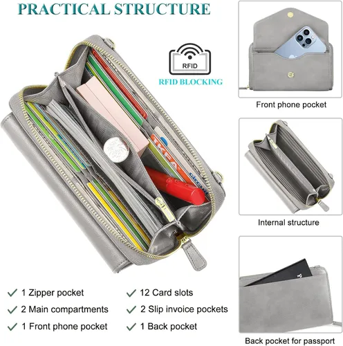 Miniatura 3 de Peacocktion Cartera para mujer con RFID, cartera cruzada de gran capacidad, 2 correas