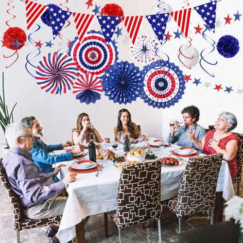 Miniatura 7 de Decoraciones de fiesta patriótica del 4 de julio, 6 abanicos de papel, 6 bolas de flores, 1 bandera de cola de golondrina de Estados Unidos, 1