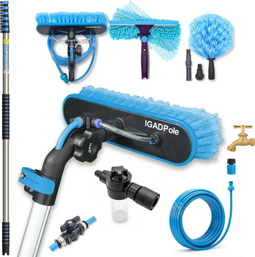 Miniatura 10 de IGAD Kit de lavado alimentado por agua de 17 pies con dispensador de jabón, cepillo, escobilla de 10 pulgadas y plumero de telaraña para ventanas