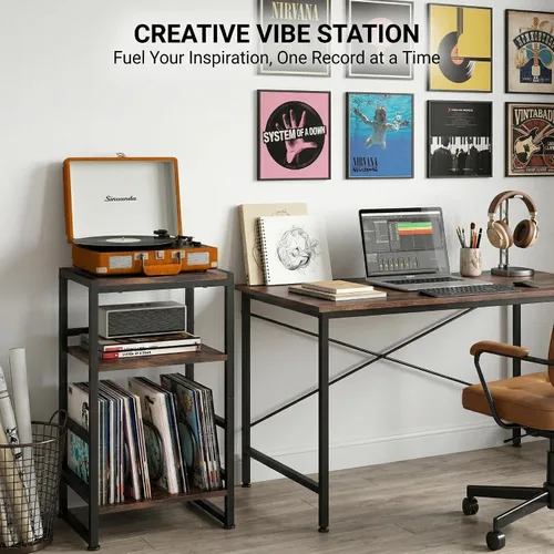 Miniatura 11 de Soporte para tocadiscos de vinilo de 3 niveles, mesa auxiliar para almacenamiento de álbumes, soporte para tocadiscos de 28 pulgadas de alto