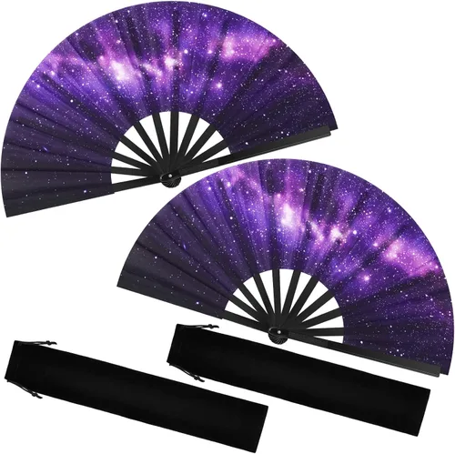 Queekay 2 ventiladores de mano plegables rave para baile de línea para mujer, galaxia satinada, ventilador decorativo de mano grande con funda de