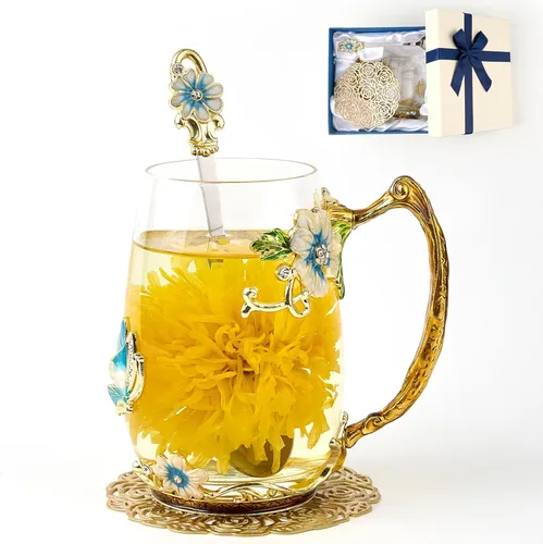 Taza de té con flores, taza de café de vidrio con mariposa y margarita, con cuchara, caja de regalo para su mamá, esposa, abuela, niñas, amigas,