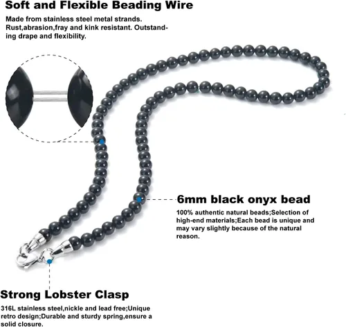 Miniatura 2 de Collar de cuentas de ónix negro para hombre, piedras preciosas naturales curativas, joyería de cristales curativos, 5055606527.6 in, Ónix