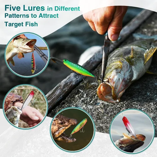 Miniatura 7 de FLISSA Juego de 5 señuelos de pesca de agua superior, señuelos de pesca de lubina para agua dulce y salada, señuelo duro realista, señuelo de pesca