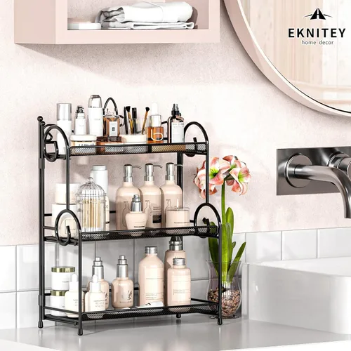Miniatura 4 de EKNITEY Organizador de encimera de baño, organizador de especias de 3 niveles, organizador de encimera para el cuidado de la piel, para baño, Negro