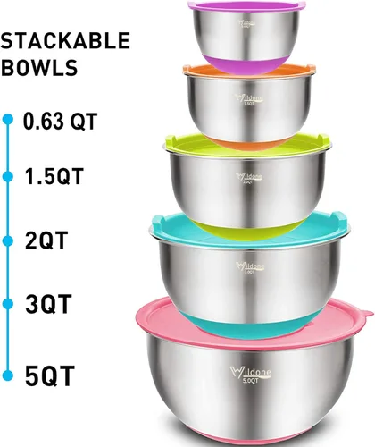 Miniatura 7 de Wildone Juego de Tazones Mezcladores con Tapas Herméticas, 5PCS Tazones de Acero Inoxidable Anidables para Cocina, con Accesorios de Rallador