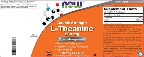 Miniatura 5 de NOW Foods L-teanina, Doble Fuerza 200 mg por cápsula - 180 cápsulas veganas - Mejorada con 100 mg de inositol - Vegetariana, Sin OMG - Suplemento