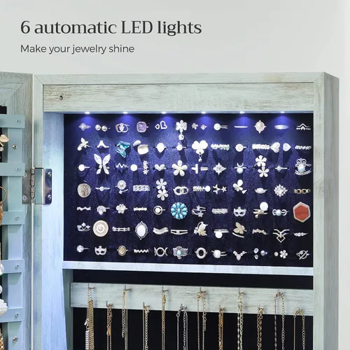 Miniatura 30 de Songmics - UJJC93W - Armario para joyas que se puede cerrar con llave, de montaje en pared o puerta, con espejo de 6 luces LED, para organización