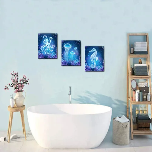 Miniatura 5 de Lienzo con temática de vida oceánica azul, pinturas artísticas de pared para sala de estar, obras de arte de pared, animales marinos, caballo