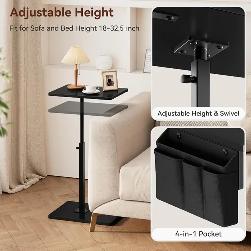 Miniatura 5 de Vagusicc - Mesa con bandeja para apoyabrazos de sofá, mesa giratoria de 360° con altura ajustable para TV, mesa auxiliar para espacios pequeños