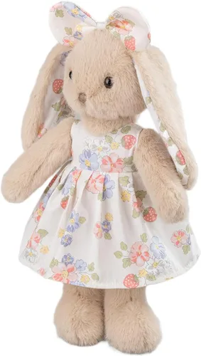 Conejito de peluche de 14 pulgadas, conejo beige con vestido floral de fresa y lazo, regalo de conejo de Pascua suave para niñas, decoración de