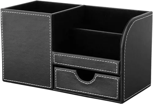 Miniatura 3 de KINGFOM Organizador de escritorio caddy de suministros de oficina de cuero PU, caja de almacenamiento multifunción para bolígrafo/lápiz, teléfono