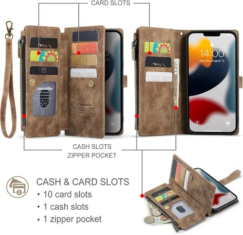 Miniatura 2 de Funda compatible con iPhone 13 Pro Max 5G con tarjetero y función atril magnético, con cremallera, bolsillo, correa de muñeca, funda de cuero