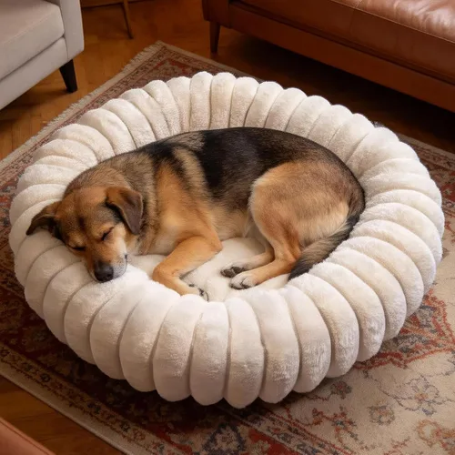 Miniatura 10 de Cama en forma de dona para perros y gatos, lujosa y cómoda cama de pelo sintético de conejo para mascotas, cama redonda antiansiedad calmante