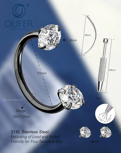 Miniatura 9 de OUFER Anillos de labio de herradura 16G para mujeres y hombres, acero quirúrgico 316L, 8/0.394 in, joyería de piercing de labio, rosca interna