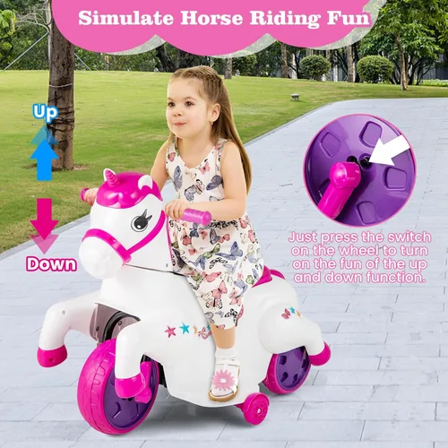 Miniatura 2 de OLAKIDS 2 en 1 motocicleta y caballo, unicornio de 6 V, juguete de paseo con batería con función de arriba y abajo, MP3, pantalla de potencia, Rosa