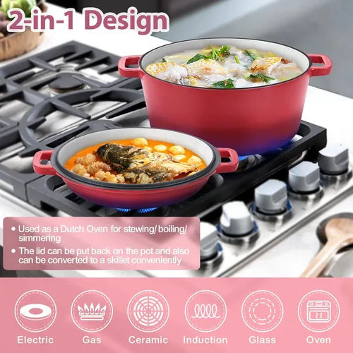Miniatura 4 de TeamFar Horno holandés de hierro fundido esmaltado 2 en 1, olla holandesa de 5 cuartos de galón con tapa de sartén para hornear pan, estofado, Rojo