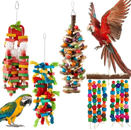 Miniatura 12 de Seenelling 3 piezas de juguete extra grande de loro de madera natural multicolor jaula de loro masticar juguetes para guacamayos grandes medianos