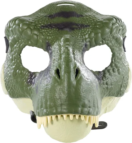 Máscara de Tiranosaurio Rex inspirada en la película JURASSIC WORLD con mandíbula de apertura, textura realista y color, aberturas de ojos y nariz y