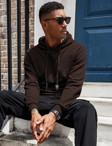 Miniatura 2 de COOFANDY Sudadera con capucha para hombre, de manga larga, a la moda, para gimnasio, atlética, a cuadros, jacquard, con bolsillo