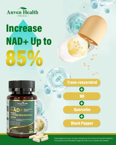 Miniatura 4 de Suplemento liposomal NAD+ nicotinamida ribósido de 550 mg con trans-resveratrol 200 mg - Quercetina, fisetina para el metabolismo, energía celular
