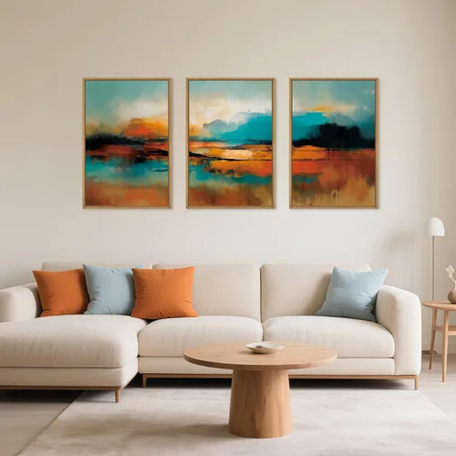 Miniatura 2 de Lienzo decorativo abstracto grande con marco naranja quemado, decoración de pared azul neutro y negro, arte moderno con pinceladas, impresión