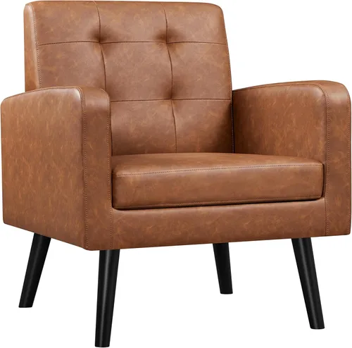 Miniatura 21 de Yaheetech Sillas de acento de mediados del siglo, silla moderna tapizada para sala de estar, sillón acogedor con respaldo abotonado y patas de Azul