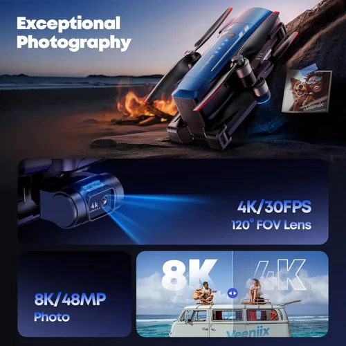 Miniatura 4 de Dron Veeniix V11PRO con cámara 8K para adultos, drones con cardán de 3 ejes con video 4K/30fps, 48 millones de píxeles, tiempo de vuelo de 80