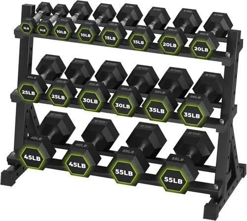 Miniatura 20 de HANDBODE Juego de mancuernas hexagonales con estante, 290-670 lb juego de mancuernas de ejercicio y fitness con revestimiento de goma, peso de mano
