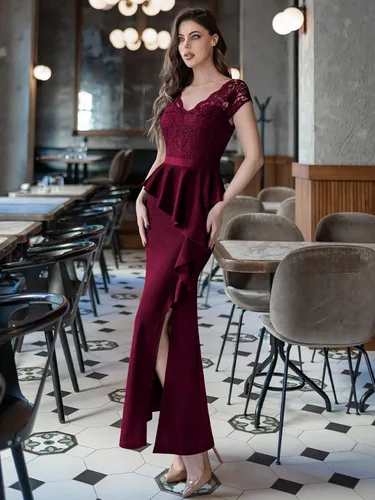 Miniatura 3 de MISSMAY Elegante vestido largo de cóctel con volantes y encaje floral para mujer