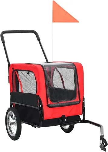 Miniatura 2 de Remolque de bicicleta para mascotas 2 en 1 y cochecito para perros pequeños, diseño rojo/negro con ruedas giratorias 360, tela Oxford duradera, base