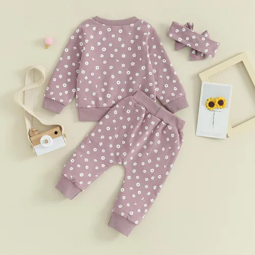 Miniatura 14 de Mandizy Conjunto de ropa de bebé niña otoño 3 6 9 12 18 24 meses sudadera de manga larga y pantalones con estampado floral y diadema