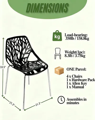 Miniatura 3 de Karl home Juego de 4 sillas de comedor negras modernas, sillas apilables de plástico con 4 patas de metal cromado para comedor, sala de estar, sala