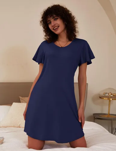 Miniatura 4 de Ekouaer Paquete de 2 camisones para mujer, manga corta, cuello en V, ropa de dormir, lisoestampado floral