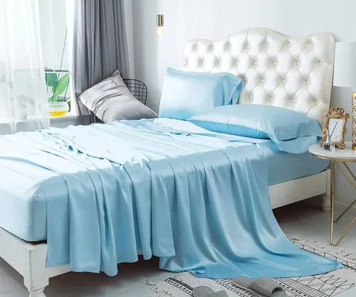 Miniatura 5 de 4 piezas de sábanas de satén 100% seda pura, lujosa colección de ropa de cama ultrasuave y suave, 19 pulgadas de profundidad, 1 sábana bajera, 1
