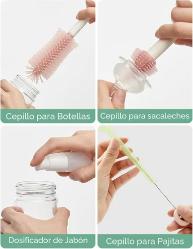 Miniatura 3 de Momcozy Juego de Cepillos para Biberones, Kit Limpiador con Cepillo de Silicona para Pezón y Pajita, Dispensador de Jabón, Estante de Secado - Rosa
