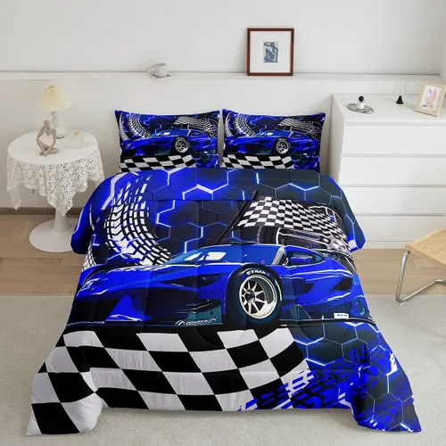 Miniatura 33 de Erosebridal Juego de edredón individual de motocicleta de carreras para niños, juego de ropa de cama de panal con luces de neón azules, motocross