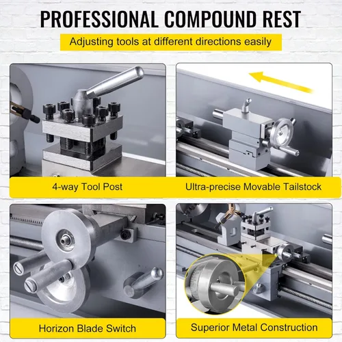 Miniatura 6 de VEVOR Torno de metal, Mini máquina de torno de 210x720, Cambio de velocidad variable de 2500 RPM, Mini torno de precisión de 750W, Torno de trabajo