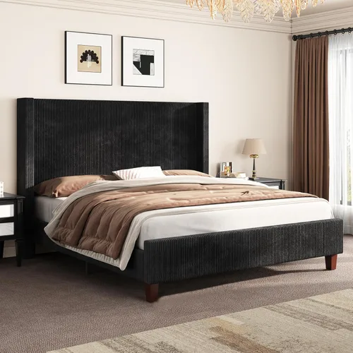 AMERLIFE Base de cama tapizada tamaño Queen con cabecera de 50.8 pulgadas de alto, cama de plataforma con respaldo de alas con patas de madera