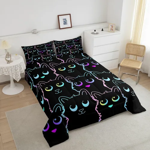 Miniatura 5 de Feelyou Juego de ropa de cama de gato negro para niños, adolescentes, tamaño individual, línea degradada, lindo juego de edredón de gato para niños