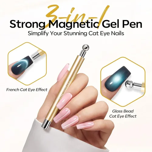 Miniatura 2 de modelones Juego de imanes de ojo de gato, 5 bolígrafos magnéticos de uñas 3 en 1 de doble cabeza con forma de corazón, relámpago y bola para esmalte