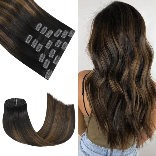 Miniatura 15 de Honsoo Extensiones de cabello humano real de color marrón con pinzas, marrón castaño, 15 pulgadas, 70 g, 7 unidades, cabello lacio sedoso y marrón