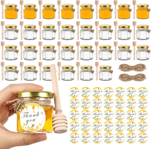 AuroTrends Paquete de 30 mini tarros de miel de 1.5 onzas con cucharita de miel, tarros de vidrio para regalos de baby shower/recuerdos de boda para