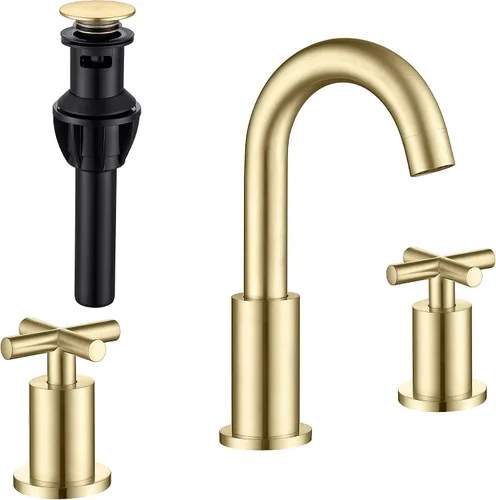 ChiLDano CH2133BG - Grifo de baño de latón cepillado de 8 pulgadas, 2 manijas de latón con 3 agujeros para fregadero con válvula y montaje de