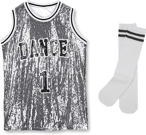 Miniatura 4 de LOLANTA Ropa de baile Hip Hop para niñas, vestido de lentejuelas para niños, camiseta larga sin mangas, disfraz de jazz, camiseta de animadora